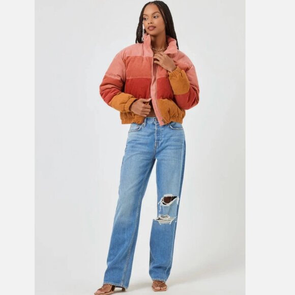 L*SPACE Horizon Ribbed Corduroy Cotton Cropped Puffer Jacket Women XS Desert Sun - Picture 3 of 16